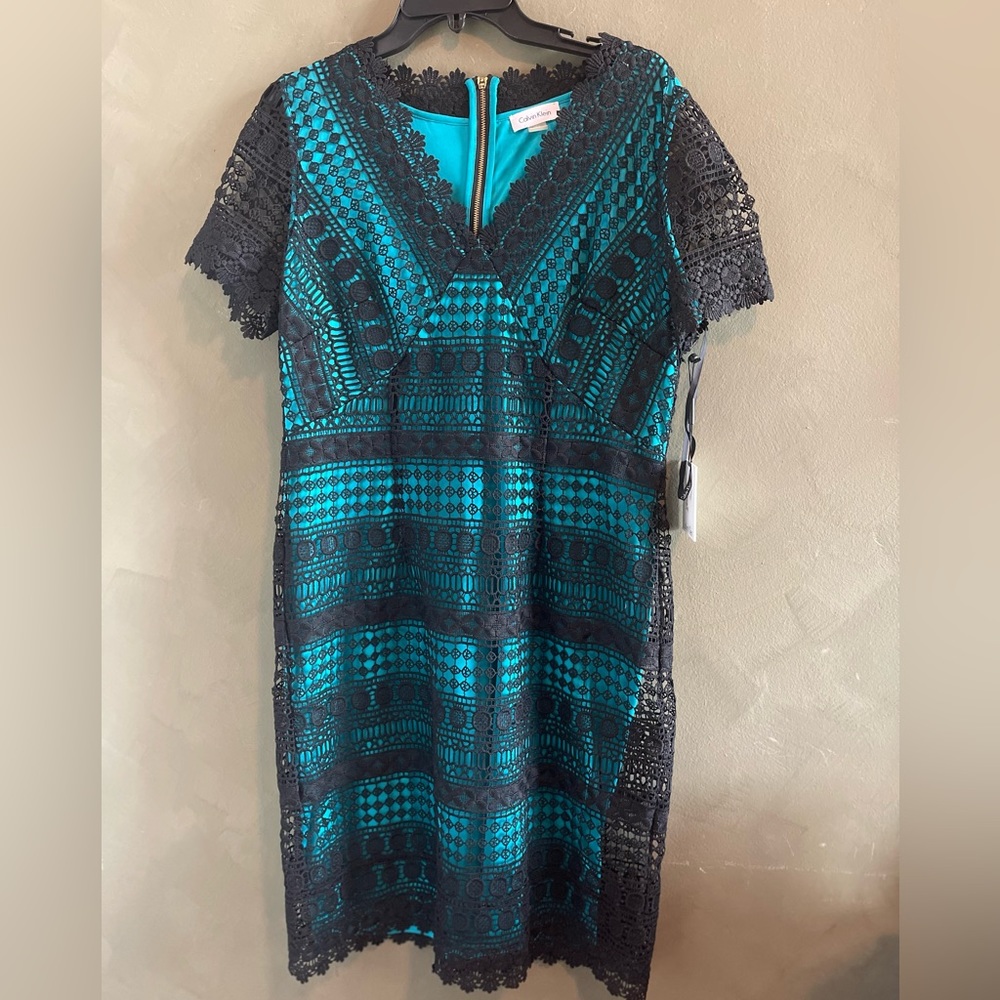NWT Calvin Klein blue and black lace dress Size 14
